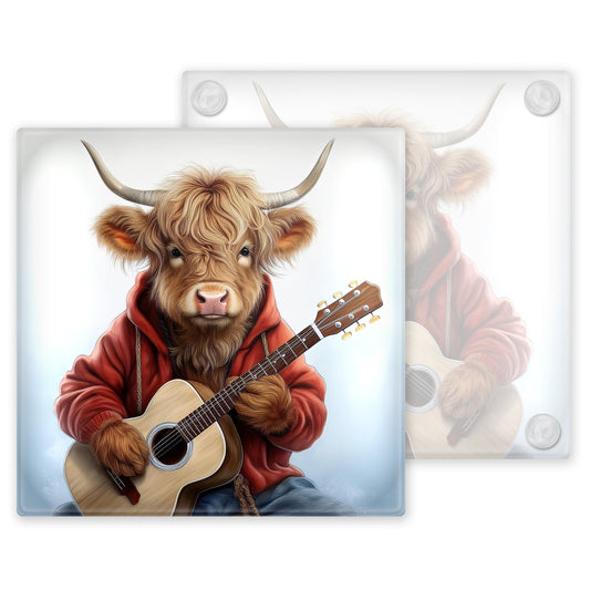Watercolour Highland Cow Rock Band - Set of 4 Glass Coasters – High-Quality, Glossy Printed Designs