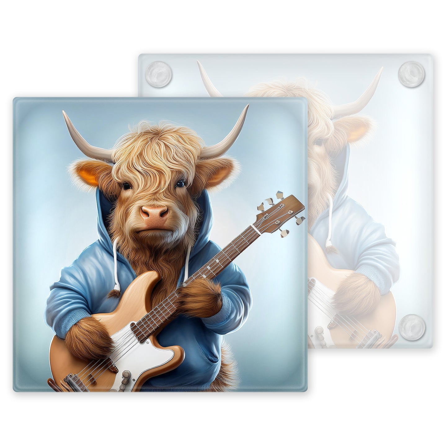 Watercolour Highland Cow Rock Band - Set of 4 Glass Coasters – High-Quality, Glossy Printed Designs