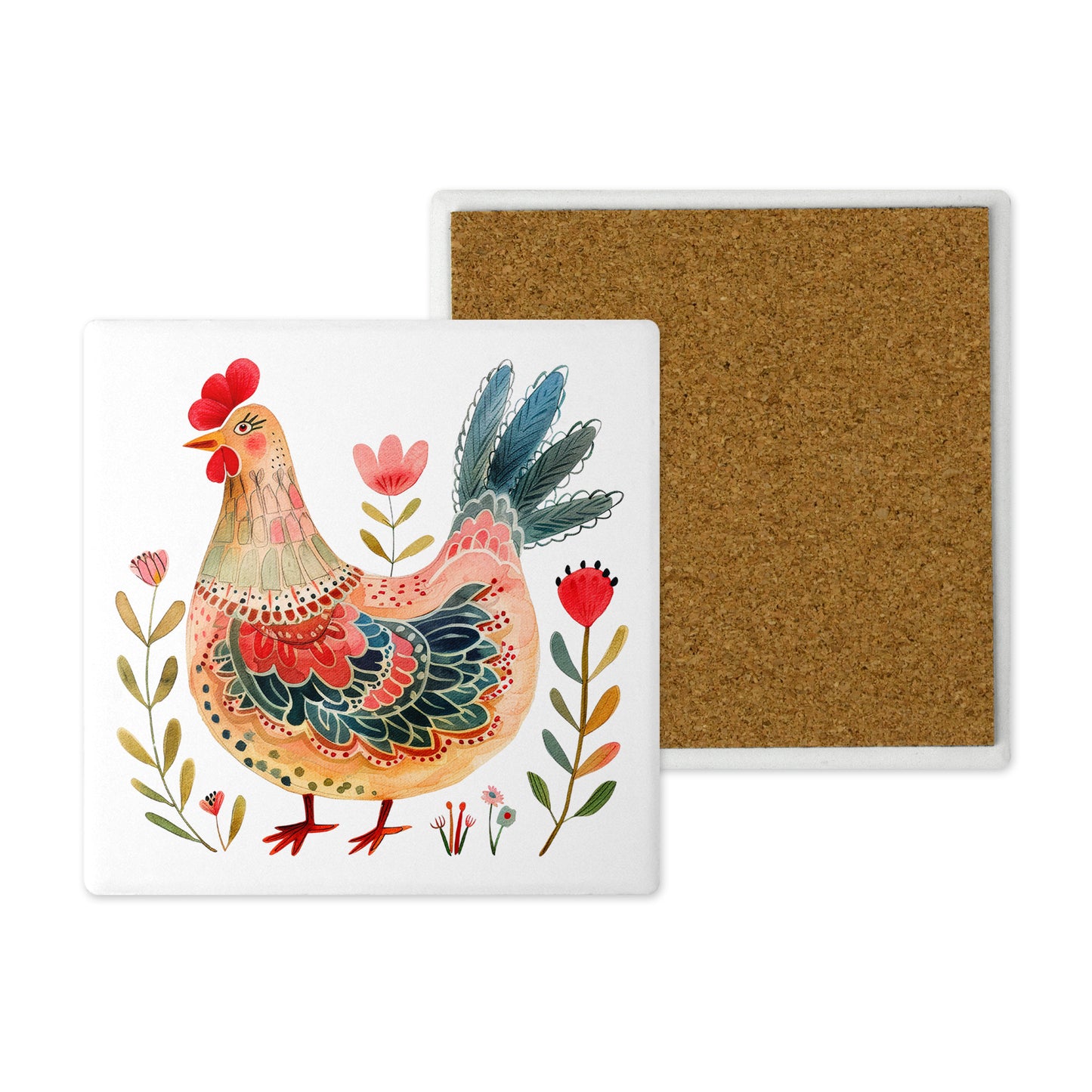 Set of 4 Ceramic Coasters – Bright & Cheery Chicken Design