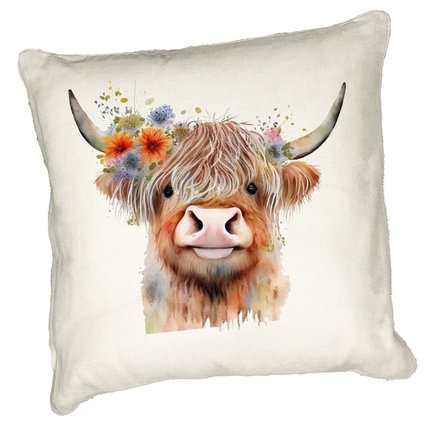 Highland Cow Cushion Collection – Watercolour Designs with Floral Crowns Cow 1