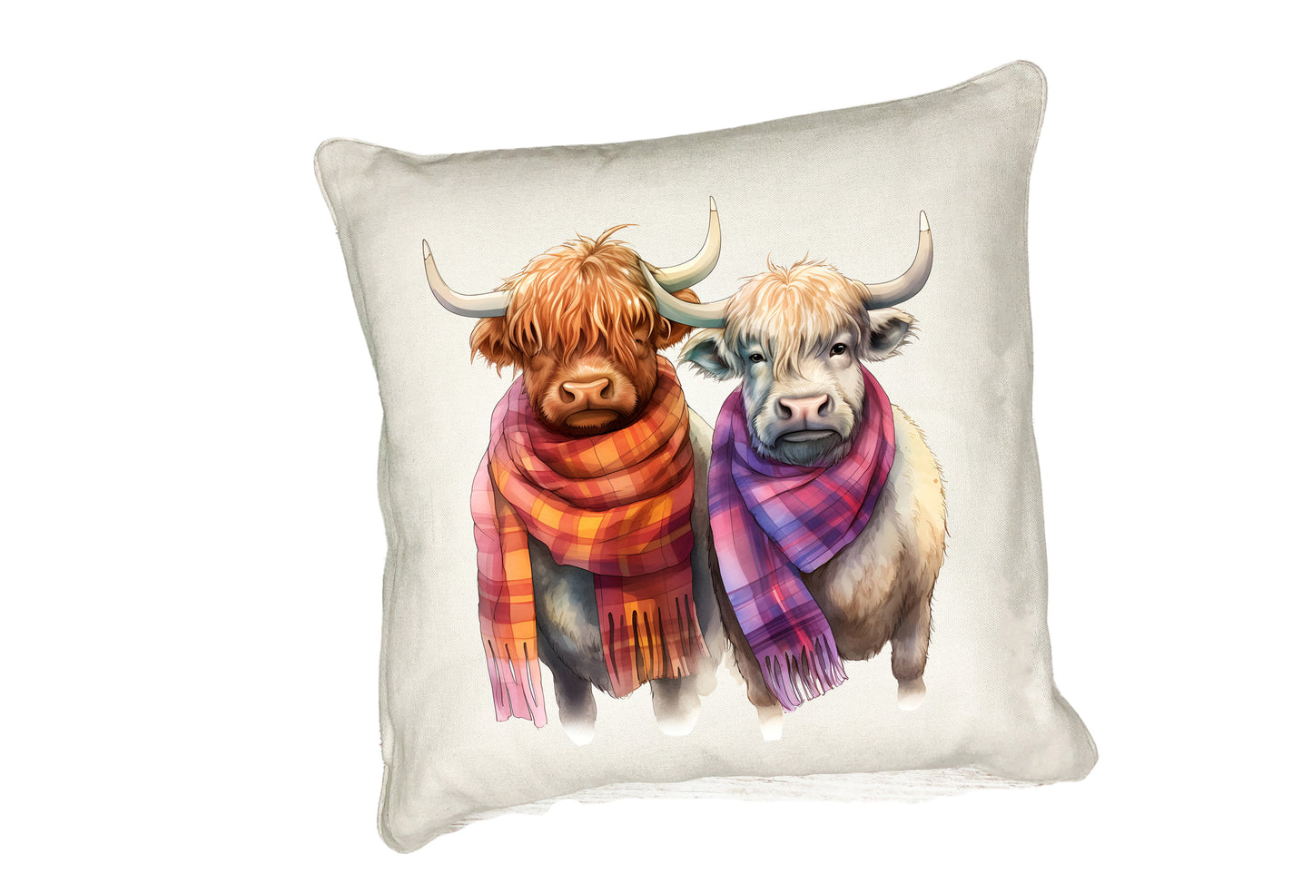 Highland Cow Cushion Collection – Watercolour Designs with Cows in Tartan Scarves Cow 4