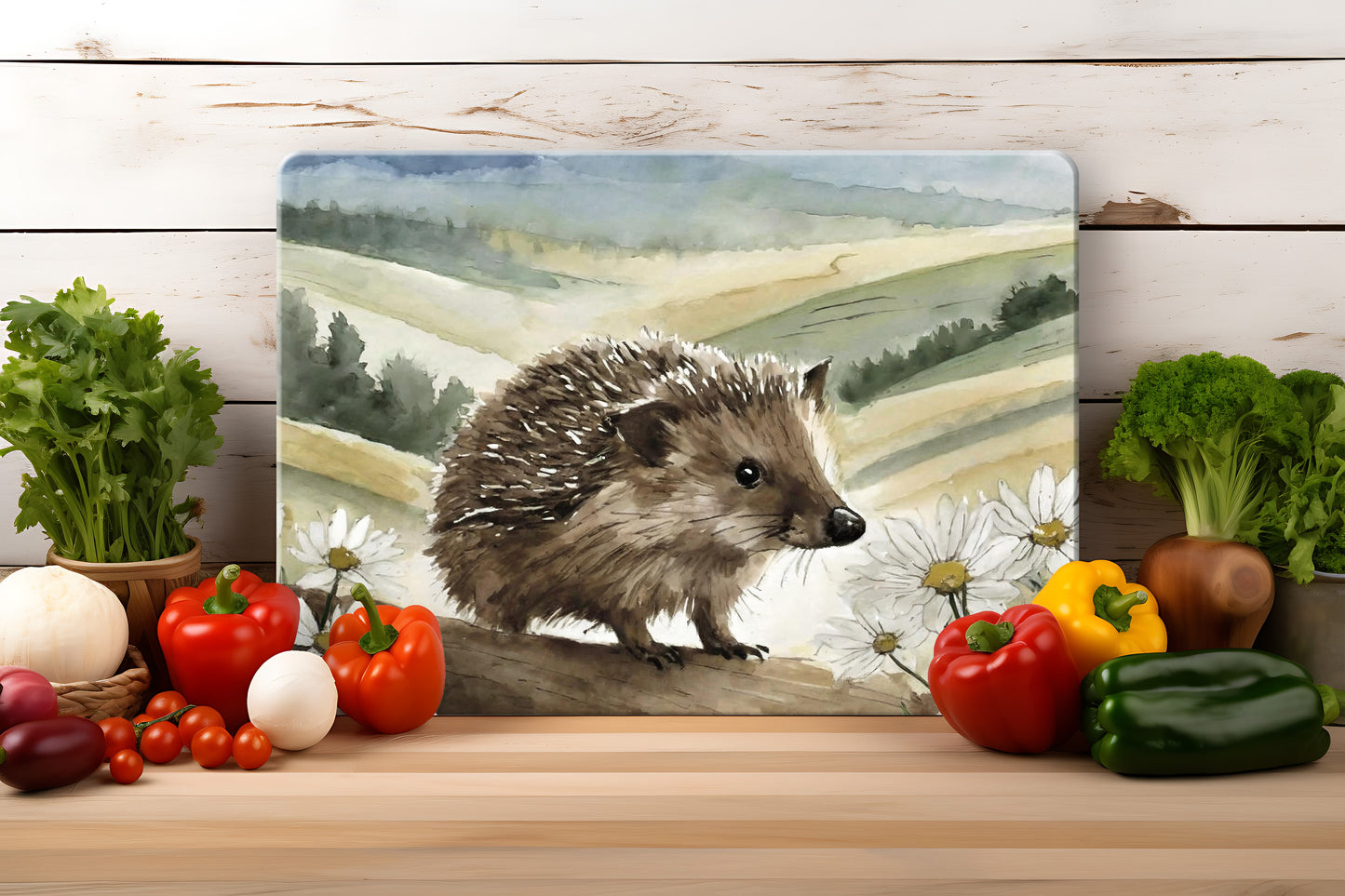 Countryside Critters (9 styles) - Tempered Glass Cutting Board - (285x200mm and 390x290mm) Gloss or Textured Finish Hedgehog