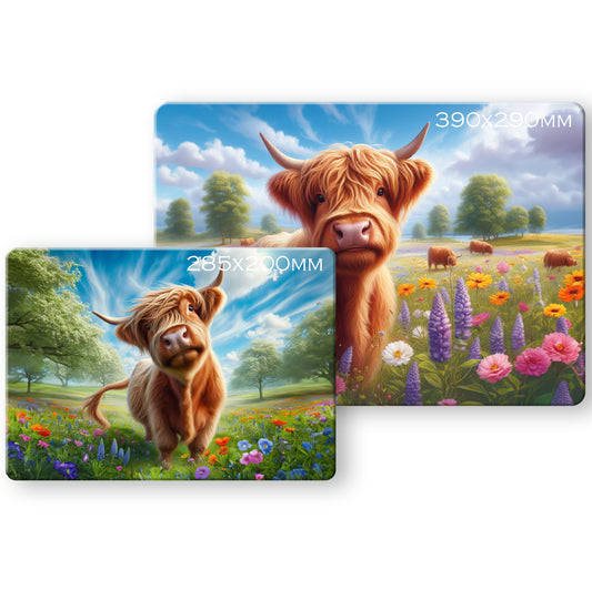 Meadow Highland Cow (2 styles) - Tempered Glass Cutting Board - (285x200mm and 390x290mm) Gloss or Textured Finish Meadow Happy Cow