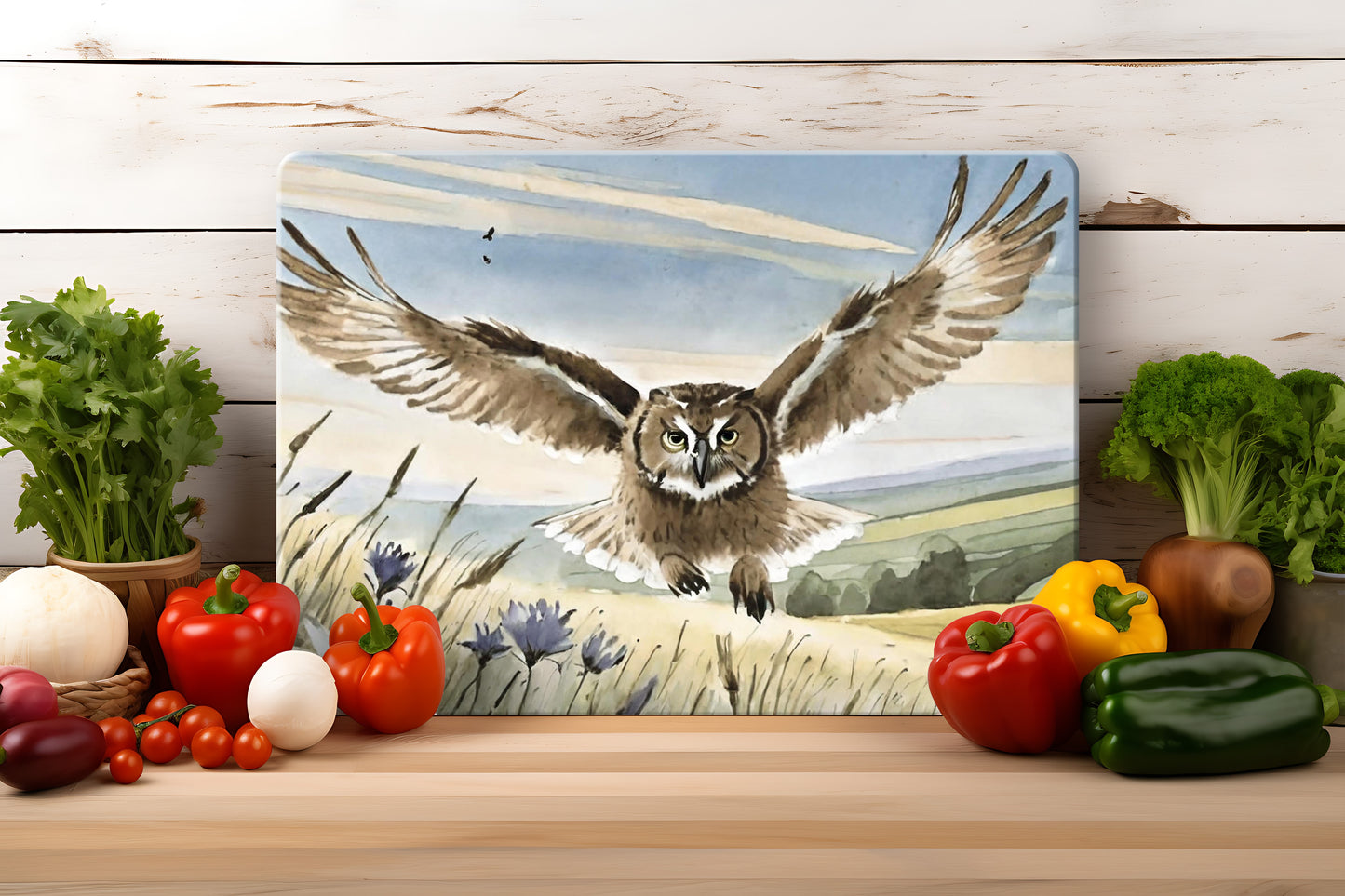 Countryside Critters (9 styles) - Tempered Glass Cutting Board - (285x200mm and 390x290mm) Gloss or Textured Finish Owl