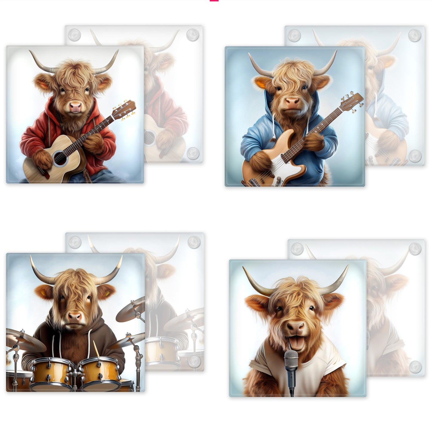 Watercolour Highland Cow Rock Band - Set of 4 Glass Coasters – High-Quality, Glossy Printed Designs