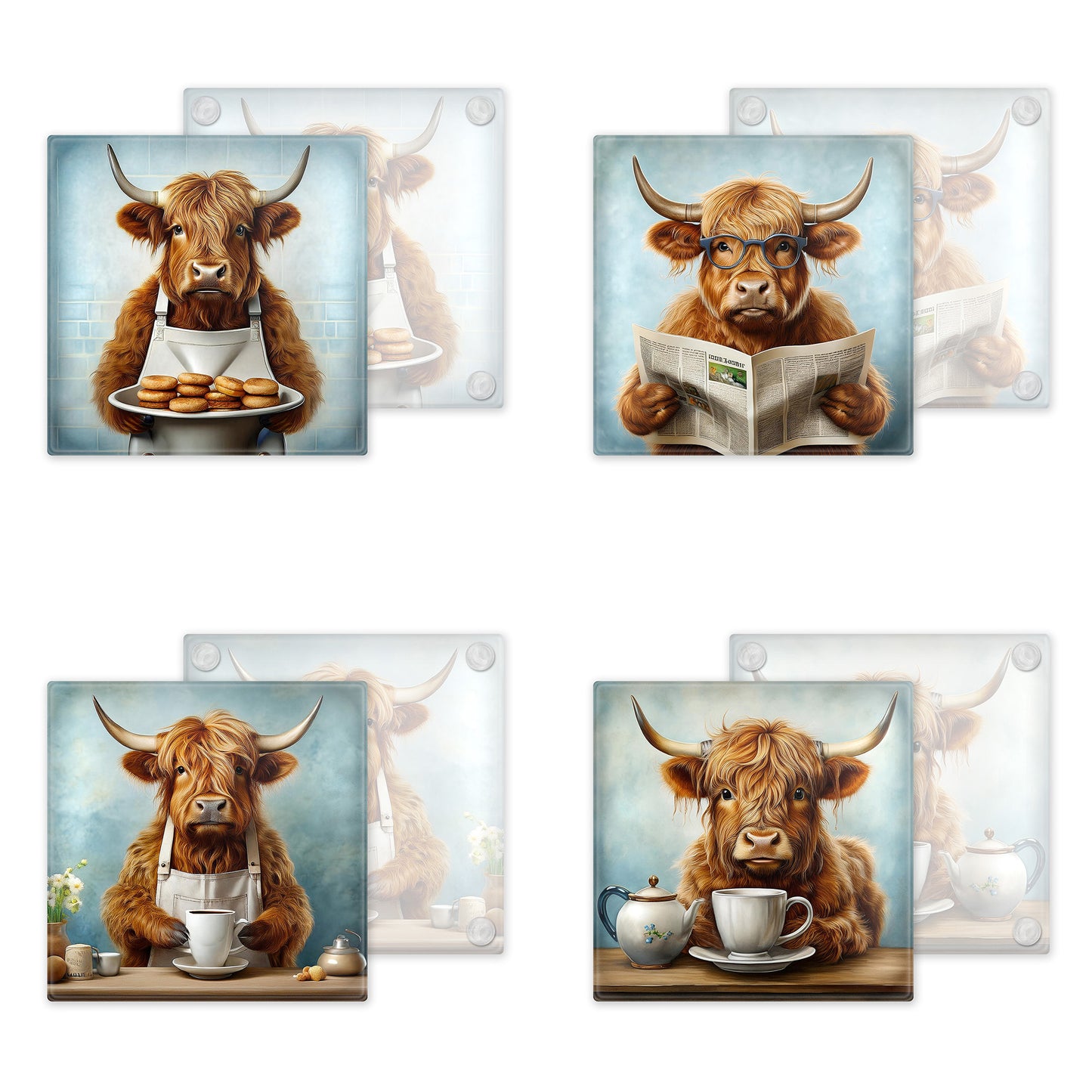 Highland Cow Glass Coaster Set – Fun and Quirky Designs - Set 3
