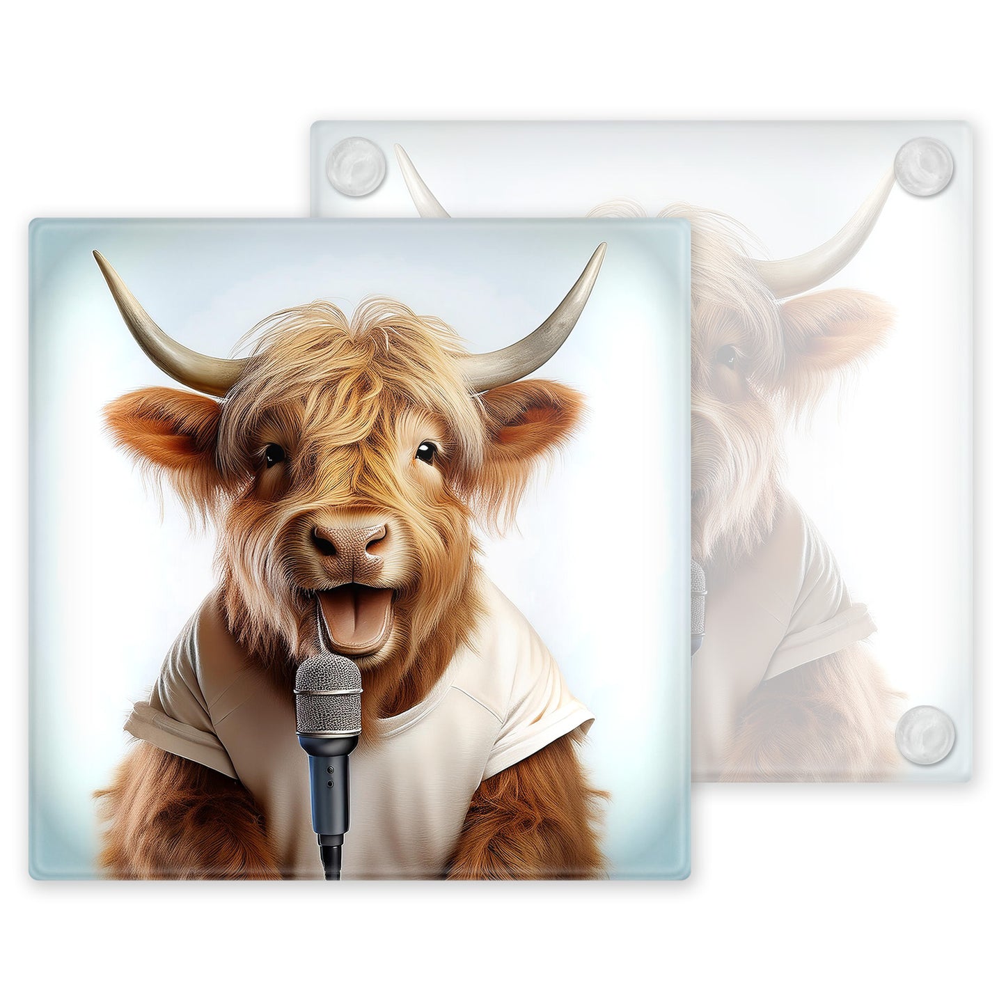 Watercolour Highland Cow Rock Band - Set of 4 Glass Coasters – High-Quality, Glossy Printed Designs