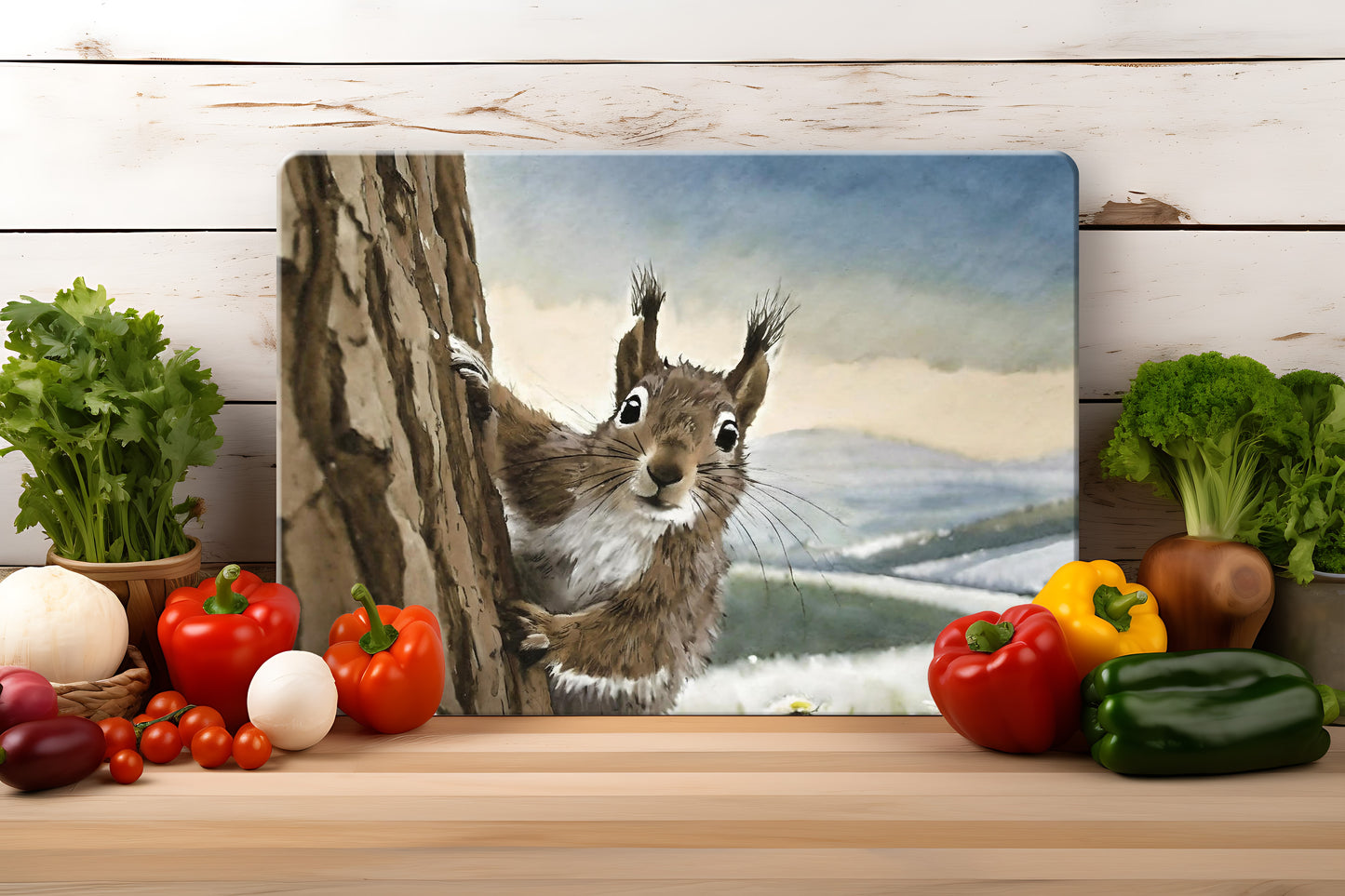 Countryside Critters (9 styles) - Tempered Glass Cutting Board - (285x200mm and 390x290mm) Gloss or Textured Finish Squirrel