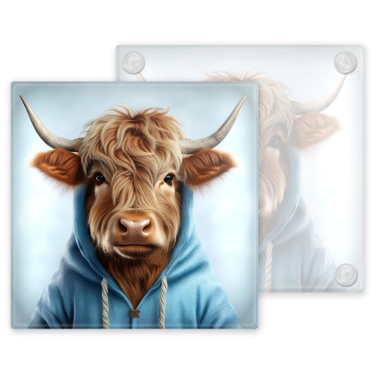 Watercolour Highland Cows in Hoodies - Set of 4 Glass Coasters – High-Quality, Glossy Printed Designs