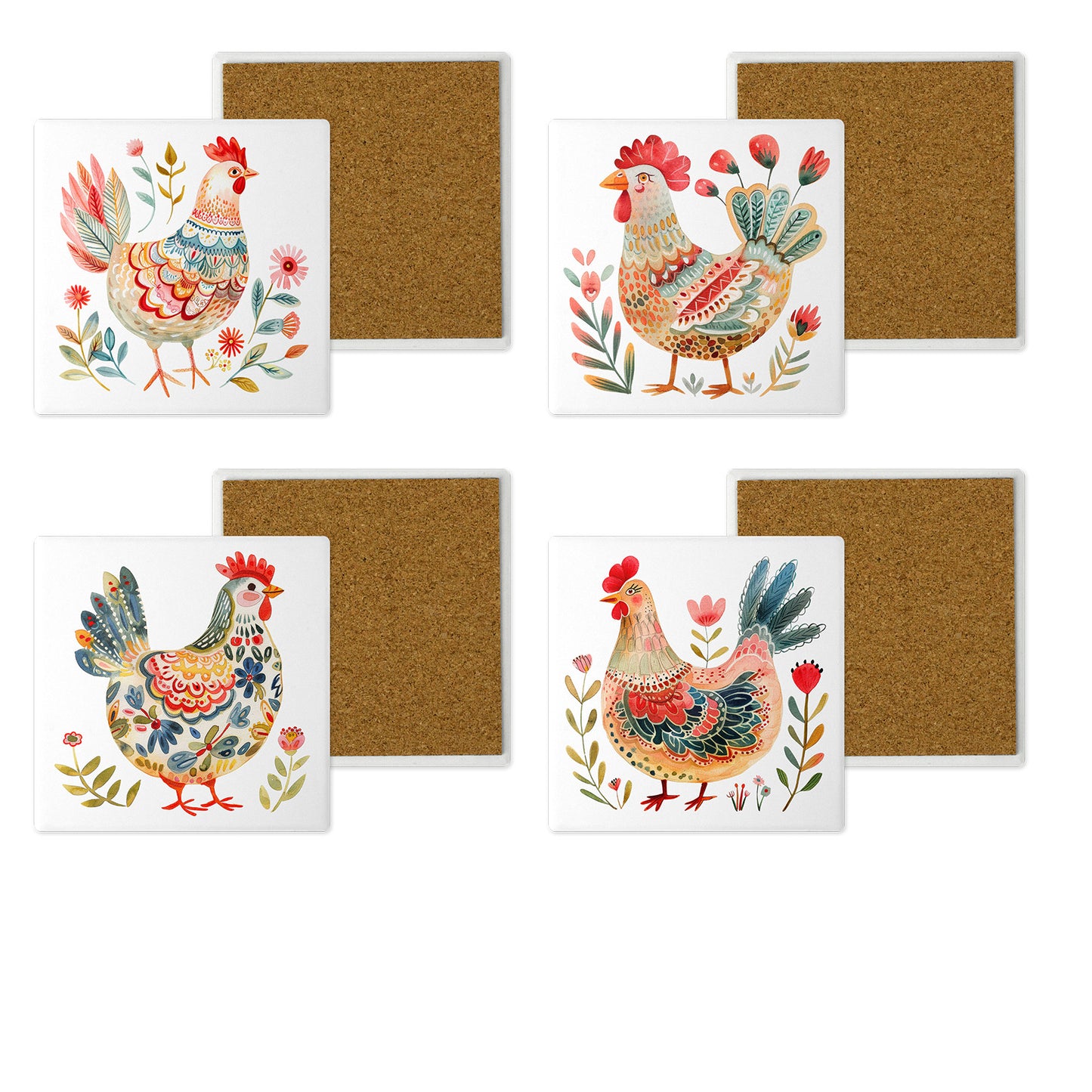 Set of 4 Ceramic Coasters – Bright & Cheery Chicken Design