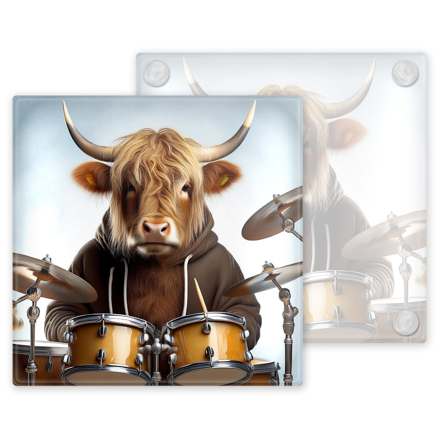 Watercolour Highland Cow Rock Band - Set of 4 Glass Coasters – High-Quality, Glossy Printed Designs