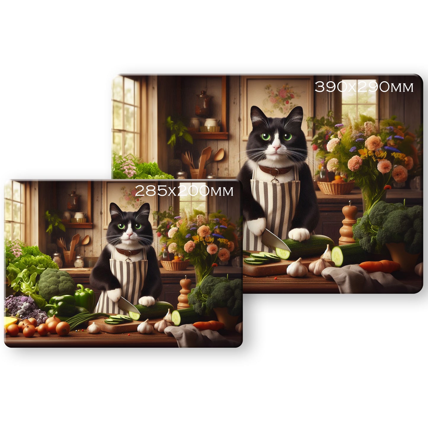 Cats in the Kitchen (8 styles) - Tempered Glass Cutting Board - (285x200mm and 390x290mm) Gloss or Textured Finish Black and White