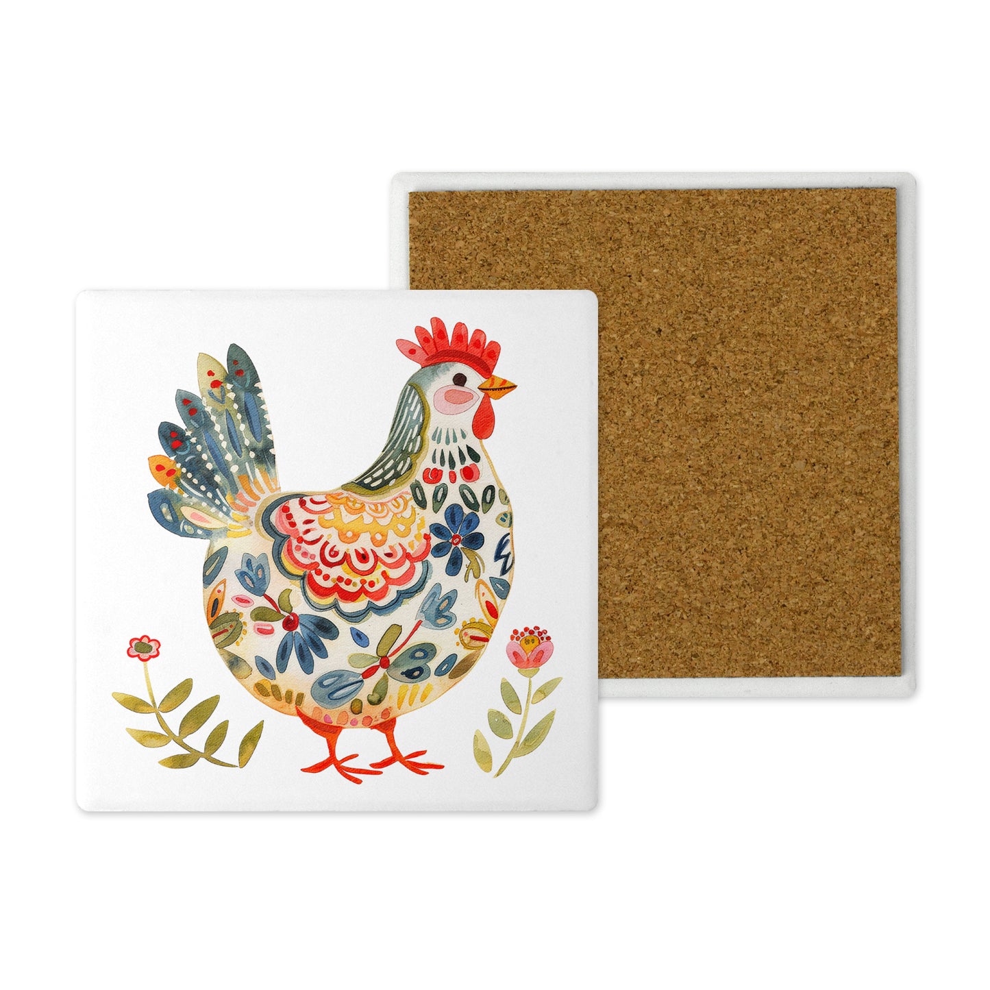 Set of 4 Ceramic Coasters – Bright & Cheery Chicken Design