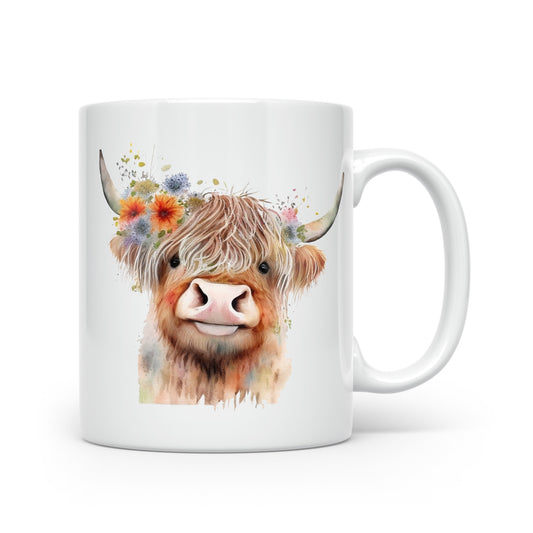 Highland Cow Mug Collection – Watercolour Designs with Floral Crowns Cow 1