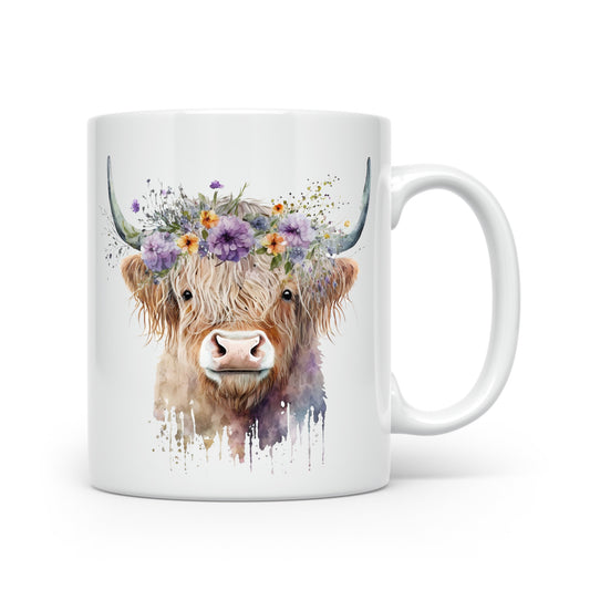 Highland Cow Mug Collection – Watercolour Designs with Floral Crowns Cow 2