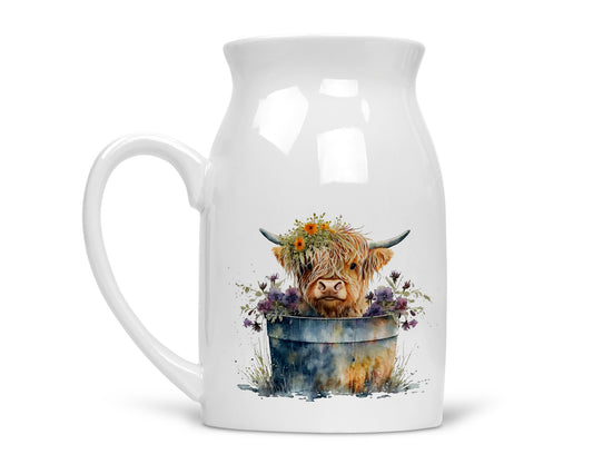 Noble & Page | Charming Highland Cow Milk Jug - Versatile Jug or Vase | Beautiful Hand Printed Gift Cow 3