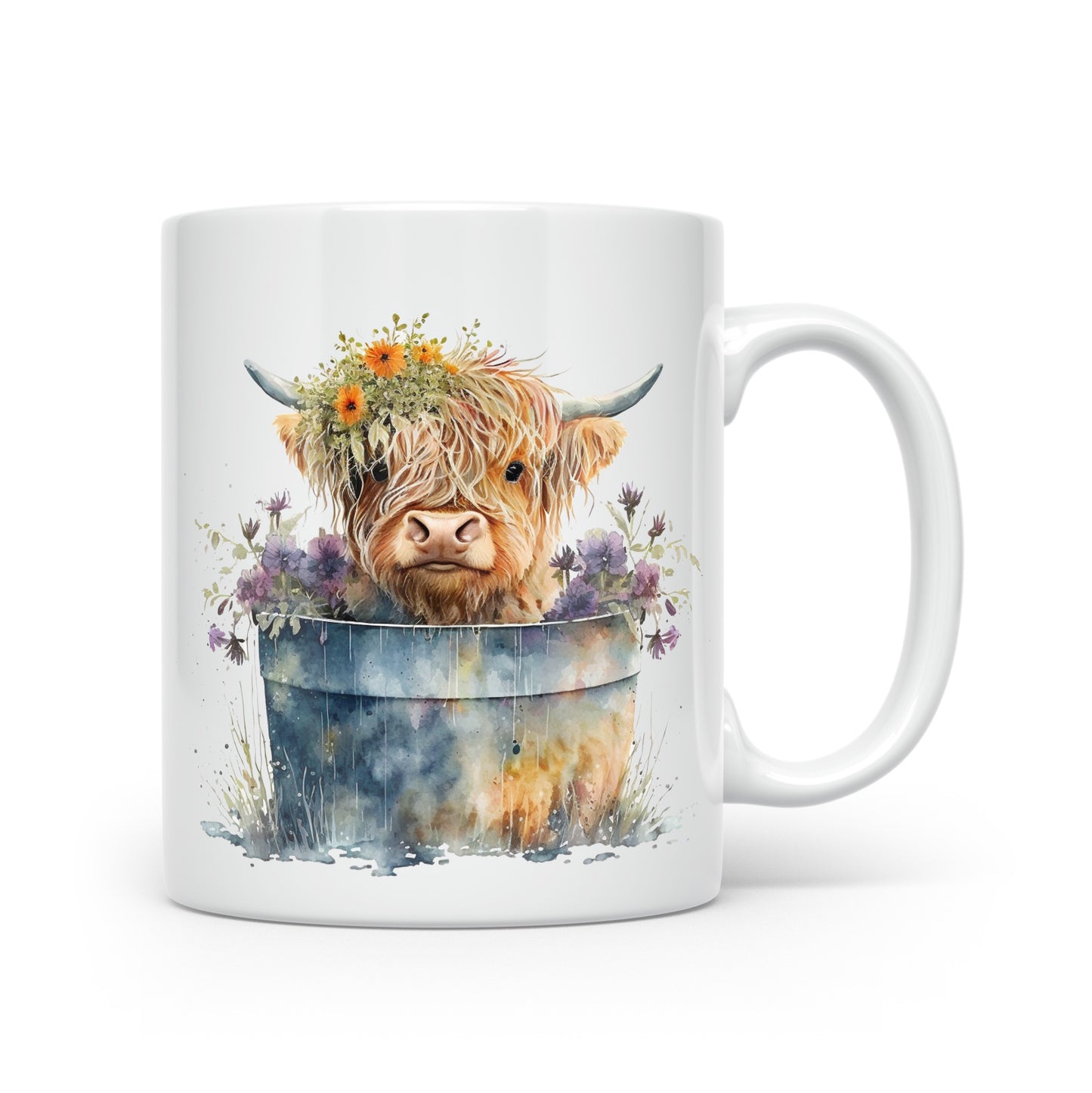Highland Cow Mug Collection – Watercolour Designs with Floral Crowns Cow 3