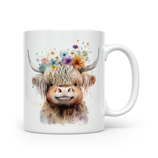 Highland Cow Mug Collection – Watercolour Designs with Floral Crowns Cow 4