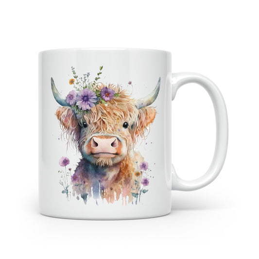Highland Cow Mug Collection – Watercolour Designs with Floral Crowns Cow 6