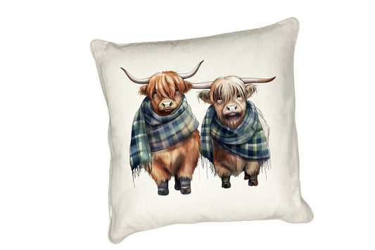 Highland Cow Cushion Collection – Watercolour Designs with Cows in Tartan Scarves Cow 1