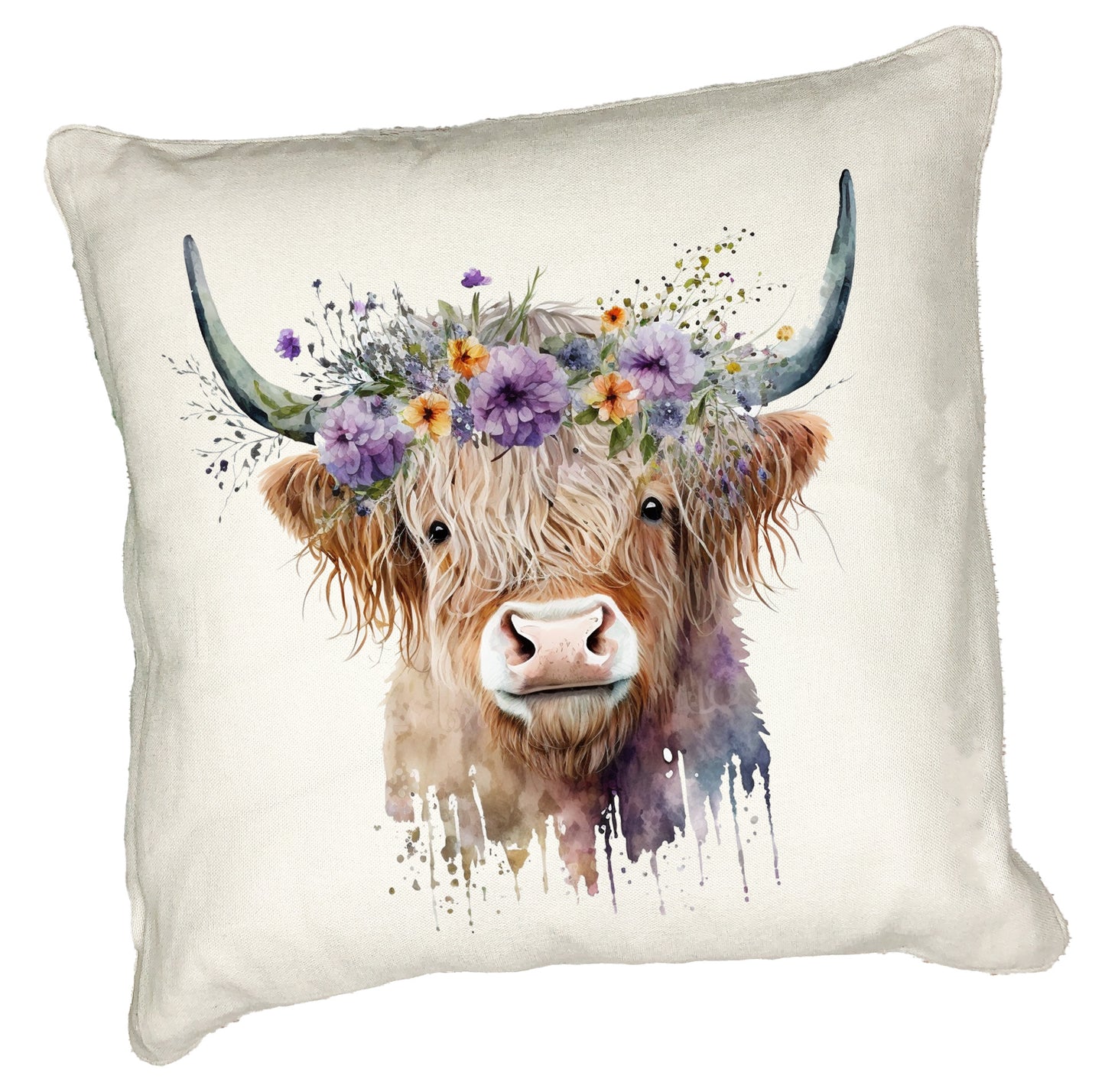 Highland Cow Cushion Collection – Watercolour Designs with Floral Crowns Cow 2