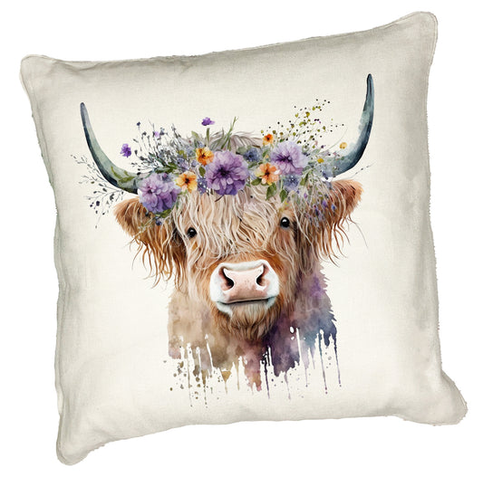 Highland Cow Cushion Collection – Watercolour Designs with Floral Crowns Cow 2