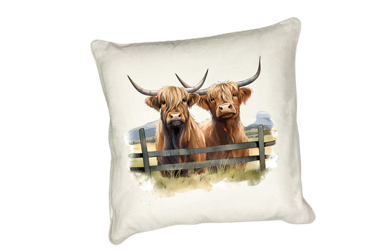 Highland Cow Cushion Collection – Watercolour Designs with Cows in Tartan Scarves Cow 2