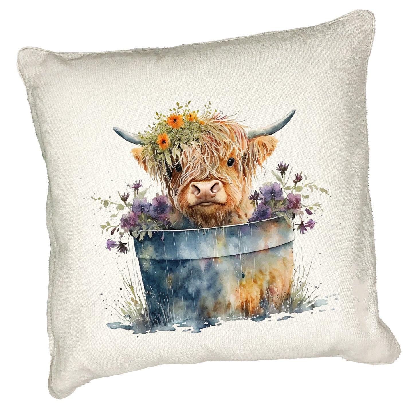 Highland Cow Cushion Collection – Watercolour Designs with Floral Crowns Cow 3