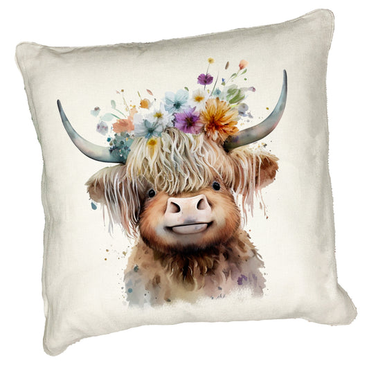 Highland Cow Cushion Collection – Watercolour Designs with Floral Crowns Cow 4
