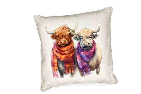Highland Cow Cushion Collection – Watercolour Designs with Cows in Tartan Scarves Cow 4