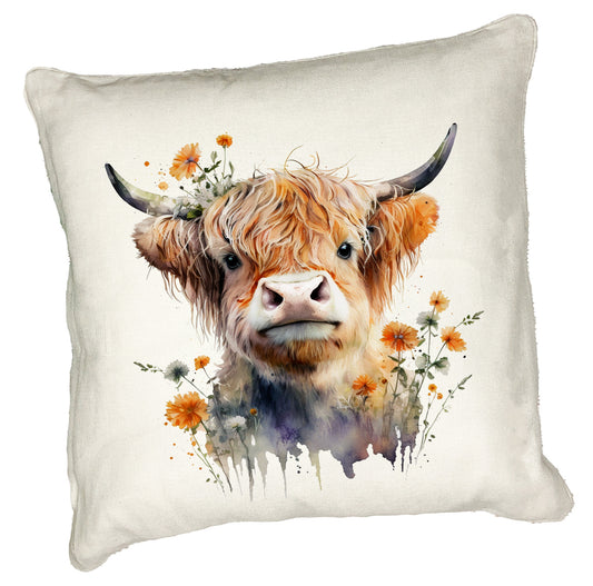 Highland Cow Cushion Collection – Watercolour Designs with Floral Crowns Cow 5