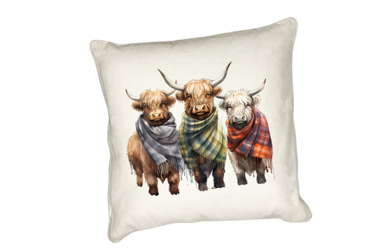 Highland Cow Cushion Collection – Watercolour Designs with Cows in Tartan Scarves Cow 5