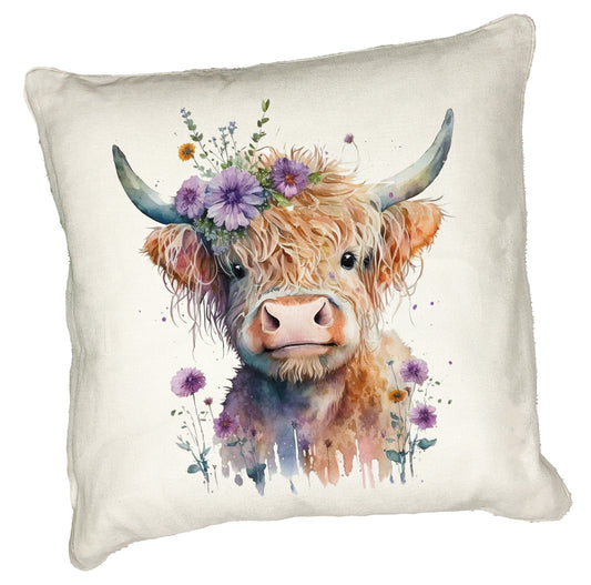 Highland Cow Cushion Collection – Watercolour Designs with Floral Crowns Cow 6
