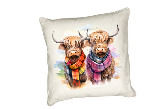 Highland Cow Cushion Collection – Watercolour Designs with Cows in Tartan Scarves Cow 6