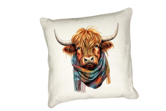 Highland Cow Cushion Collection – Watercolour Designs with Cows in Tartan Scarves Cow 7