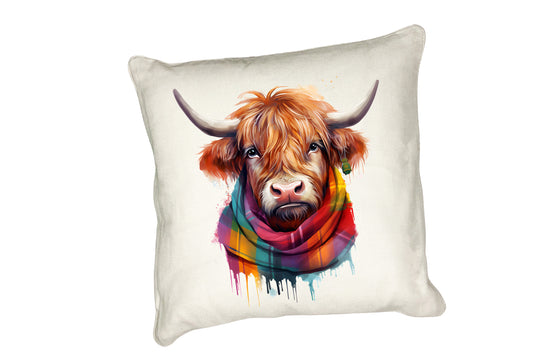 Highland Cow Cushion Collection – Watercolour Designs with Cows in Tartan Scarves Cow 8