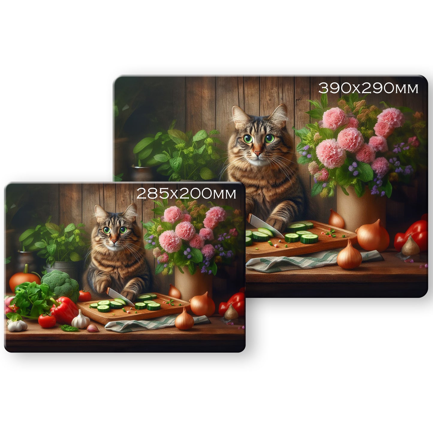 Cats in the Kitchen (8 styles) - Tempered Glass Cutting Board - (285x200mm and 390x290mm) Gloss or Textured Finish Tabby (Dark)