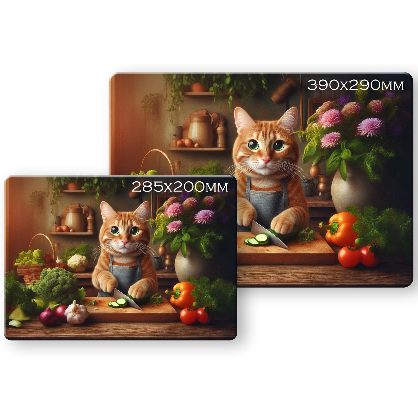 Cats in the Kitchen (8 styles) - Tempered Glass Cutting Board - (285x200mm and 390x290mm) Gloss or Textured Finish Ginger Tabby
