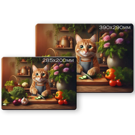 Cats in the Kitchen (8 styles) - Tempered Glass Cutting Board - (285x200mm and 390x290mm) Gloss or Textured Finish Ginger Tabby
