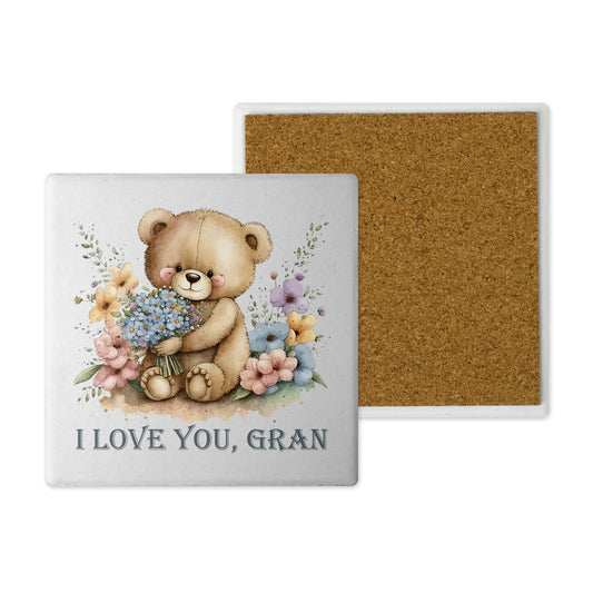 Ceramic Coasters - Handprinted 10x10cm Cute Teddy Bear Design - Sentimental Handmade in the UK Gran