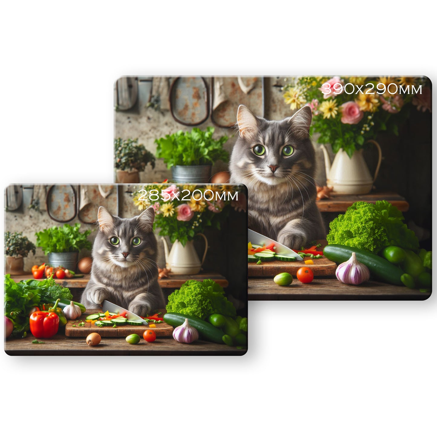 Cats in the Kitchen (8 styles) - Tempered Glass Cutting Board - (285x200mm and 390x290mm) Gloss or Textured Finish Grey Tabby