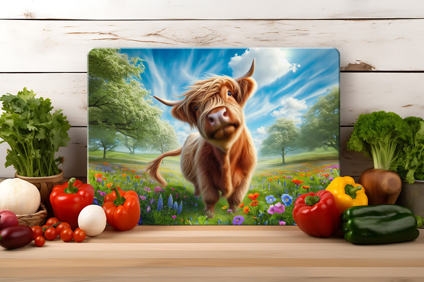 Meadow Highland Cow (2 styles) - Tempered Glass Cutting Board - (285x200mm and 390x290mm) Gloss or Textured Finish Meadow Happy Cow