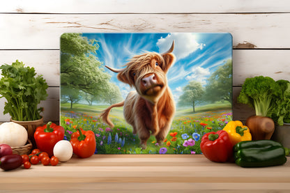 Meadow Highland Cow (2 styles) - Tempered Glass Cutting Board - (285x200mm and 390x290mm) Gloss or Textured Finish Meadow Happy Cow