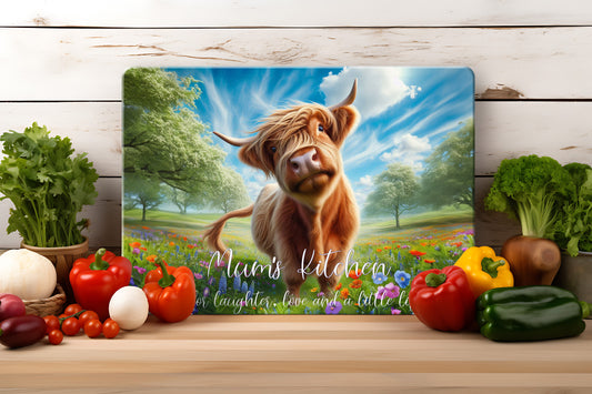 Mum's Kitchen - Meadow Highland Cow (2 styles) - Tempered Glass Cutting Board - 390x290mm Gloss Finish Meadow Happy Cow