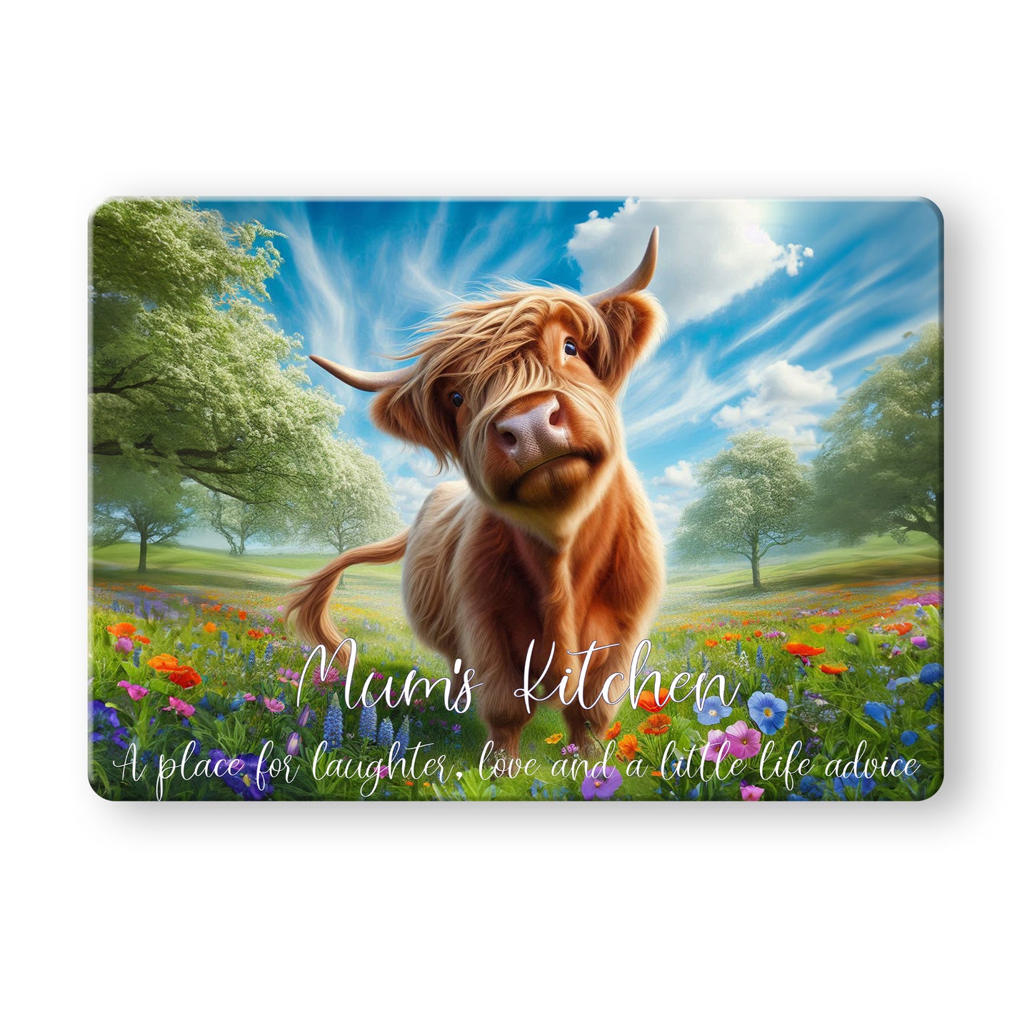 Mum's Kitchen - Meadow Highland Cow (2 styles) - Tempered Glass Cutting Board - 390x290mm Gloss Finish Meadow Happy Cow