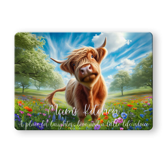 Mum's Kitchen - Meadow Highland Cow (2 styles) - Tempered Glass Cutting Board - 390x290mm Gloss Finish Meadow Happy Cow