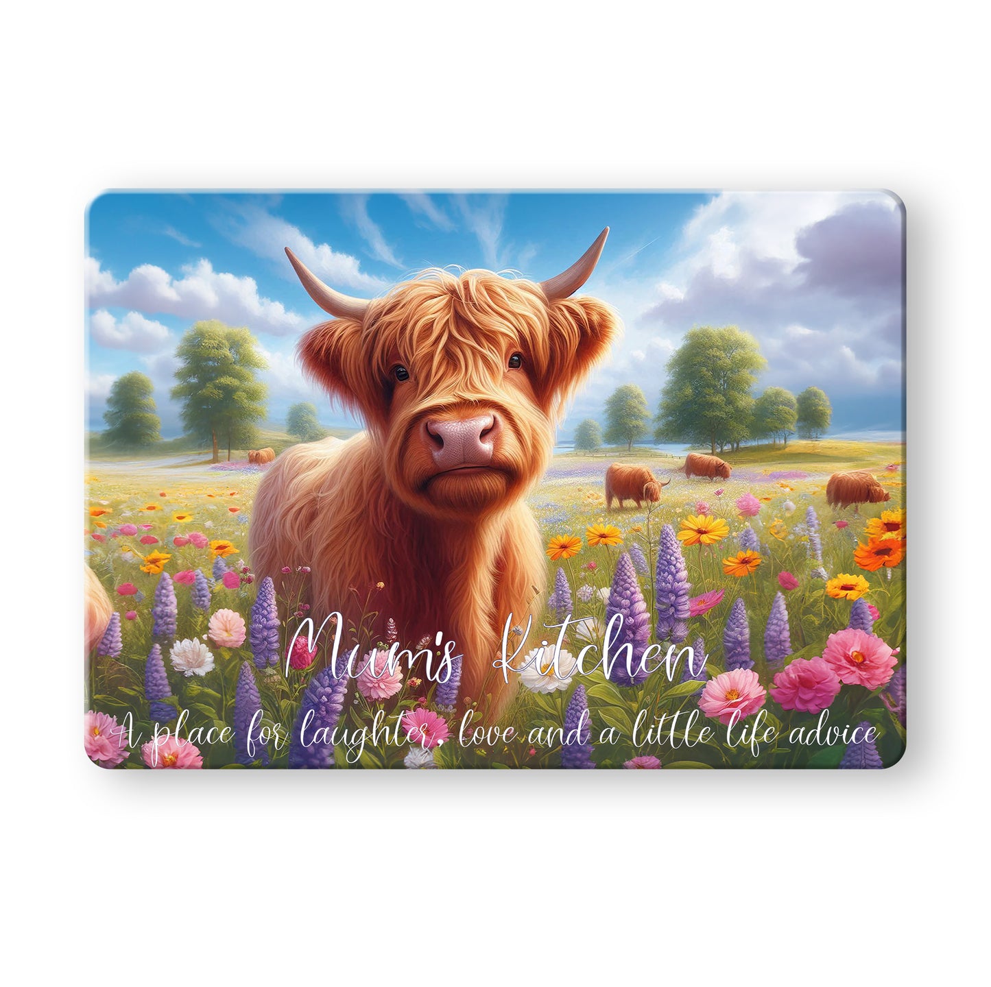 Mum's Kitchen - Meadow Highland Cow (2 styles) - Tempered Glass Cutting Board - 390x290mm Gloss Finish Meadow Cow
