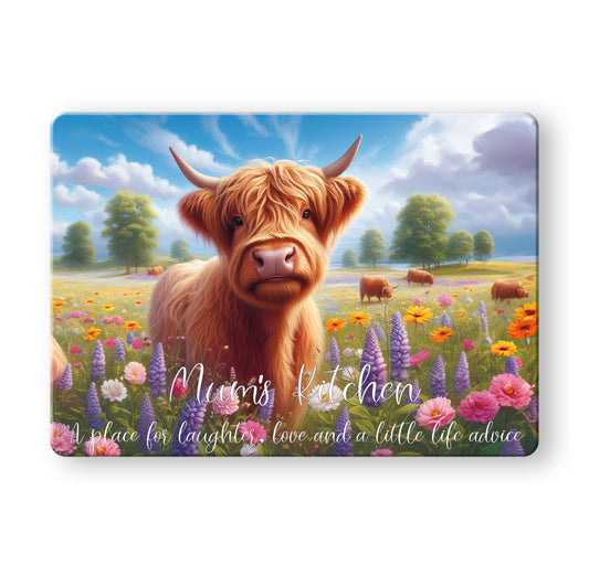 Mum's Kitchen - Meadow Highland Cow (2 styles) - Tempered Glass Cutting Board - 390x290mm Gloss Finish Meadow Cow