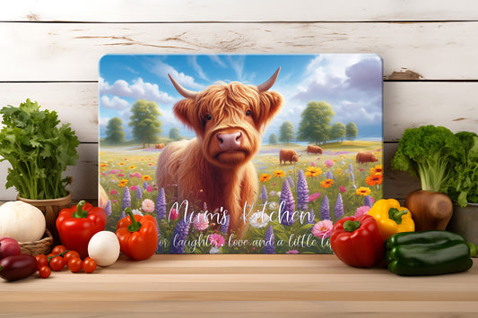 Mum's Kitchen - Meadow Highland Cow (2 styles) - Tempered Glass Cutting Board - 390x290mm Gloss Finish Meadow Cow