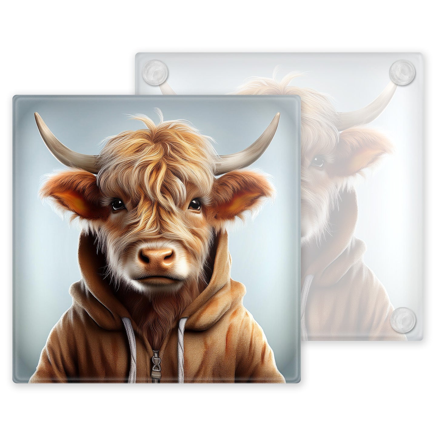 Watercolour Highland Cows in Hoodies - Set of 4 Glass Coasters – High-Quality, Glossy Printed Designs